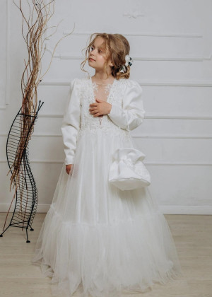 Long Sleeves Beaded Ivory Lace Satin Chic Flower Girl Dress